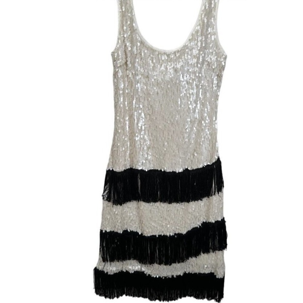 White House Black Market Sequin Fringe Flapper Dress‎ Ivory Black Size 2